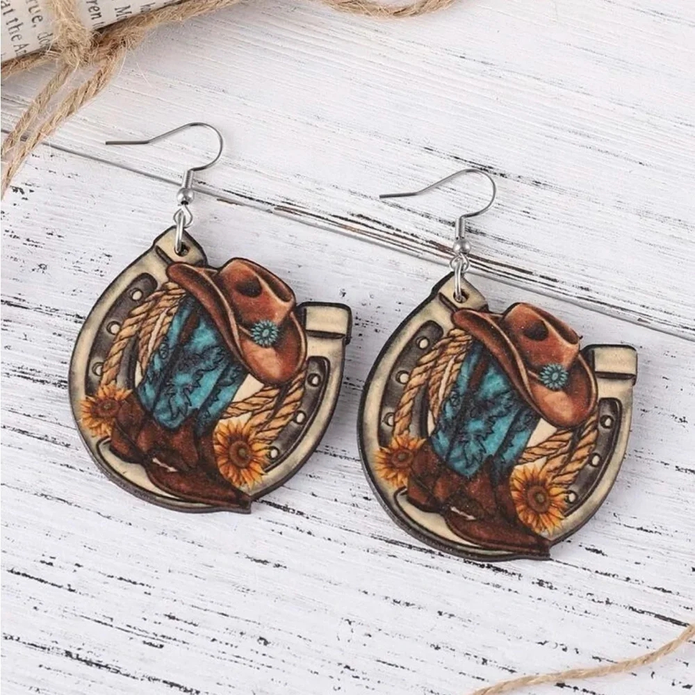Boho festival western style wood earrings with boot, hat & horseshoe design